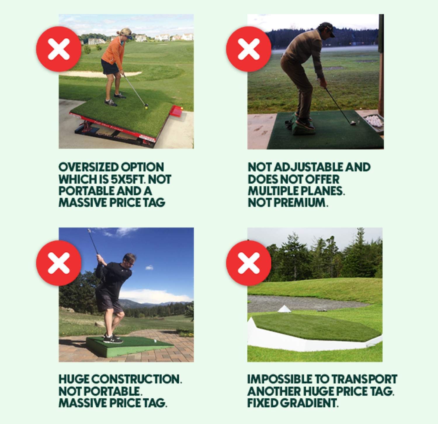 Competitor golf trainers: oversized, non-portable, expensive